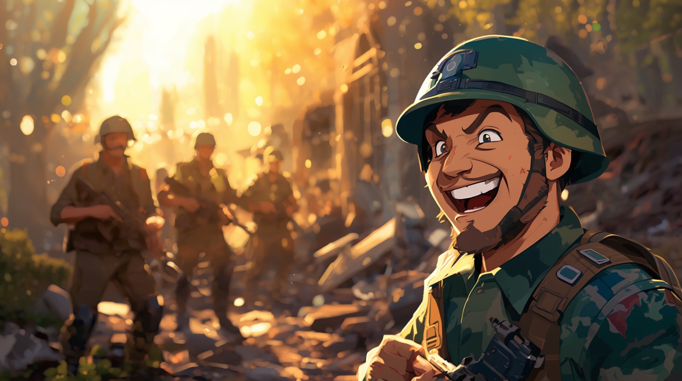 Soldier looking victorious with a mad grin