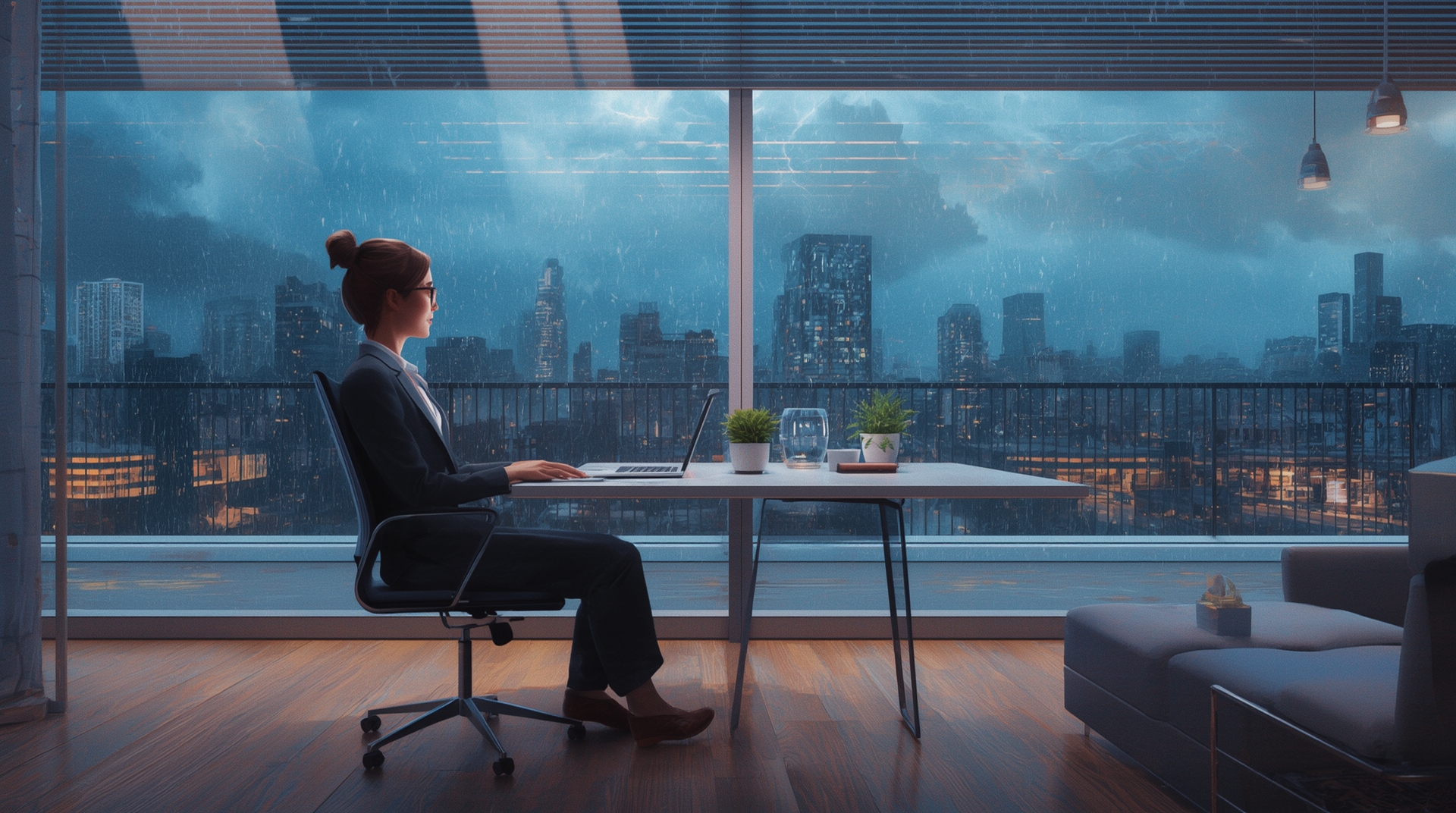 Professional calmly observing the storm outside